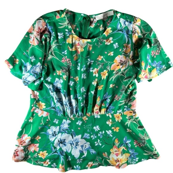 LOFT flutter sleeve size 2 green multicolor floral peplum zip-up blouse - Picture 1 of 9